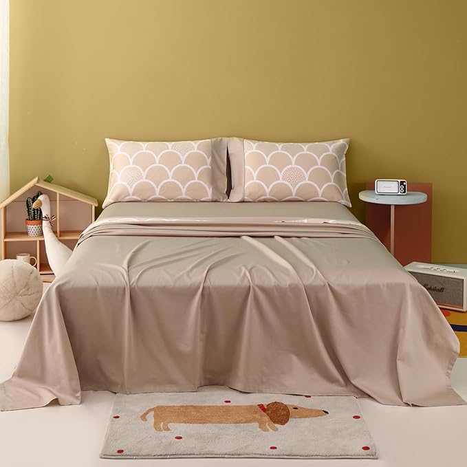 Simple&Opulence 100% Organic Cotton Sheet Set for Kids Teens, 4 Pieces Soft Bed Sheets Boy Girl Warm Adorable - Alpaca, Queen