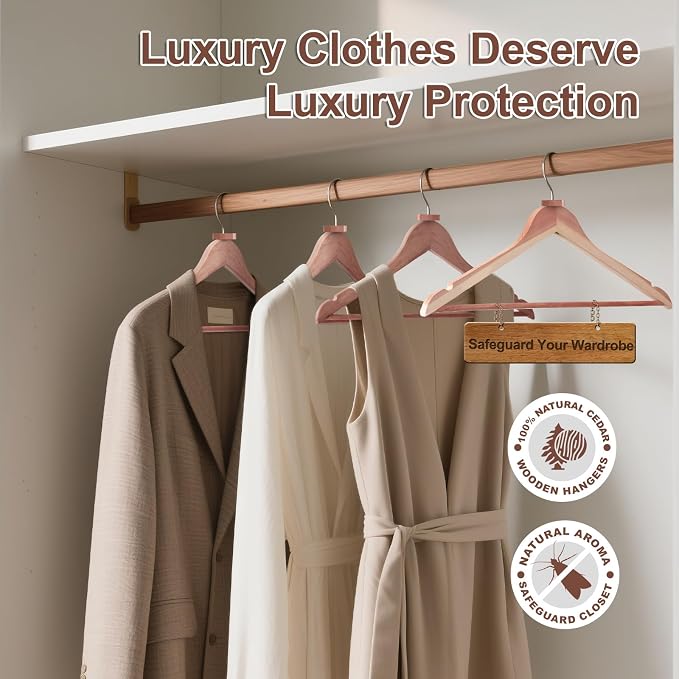 HOUSE DAY Cedar Hangers for Closet 30 Pack, Smooth Cedar Wood Hangers with Rings, 360° Swivel Hook, U-Shape Notched, Non Slip Pant Bar, Sturdy Wooden Clothes Hanger for Coats, Dresses, Suits