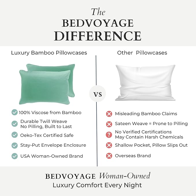 BedVoyage Ultra Soft Standard Pillowcase Set, Cooling & Breathable, Silky & Gentle to Skin and Hair, Luxury 100% Viscose Derived from Bamboo, 20x26 Envelope Closure, 2pc Set, Standard – Seaglass