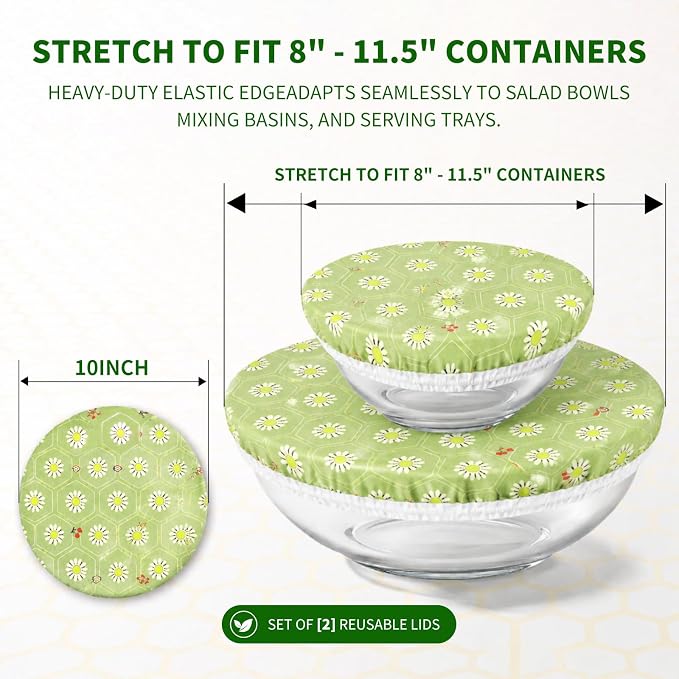 Reusable Bowl Covers Elastic, Beeswax Food Wraps for Sourdough Bread (Green) | Shower Caps for Sourdough Bread Proofing, Washable Sustainable Cloth Covers for Kitchen Mixing Bowls, 2-Pack