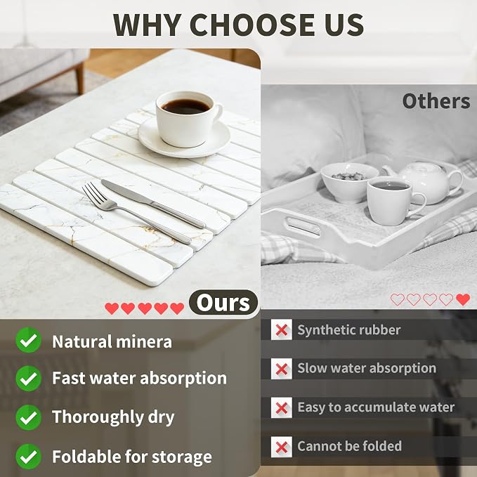 2 PCS White Marble Dish Drying Mat for Kitchen Counter, Diatomaceous Earth Stone Drying Mat, Foldable Quick-Dry Placemat Dishes Cups Utensils, stone drying mat for kitchen counter（20"×14" & 8"x4"）