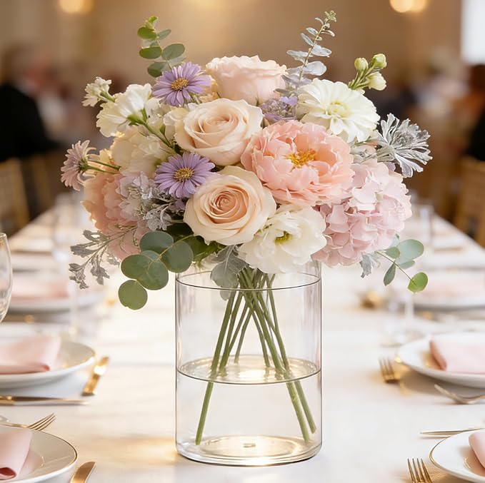 Acrylic Flower Vase Cylinder, 5.9" Tall Clear Plastic Vase for Centerpieces - Shatterproof Wedding, Event & Home Decor Vase, 5.9"X7.86" Tall Round - Clear