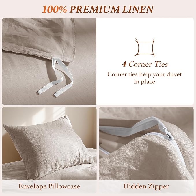 100% Pure Linen Duvet Cover Set King Size 3 Pcs Natural Linen Bedding Zipper Closure Breathable Soft Comforter Cover Sets, Cozy for All Season (King, Linen)