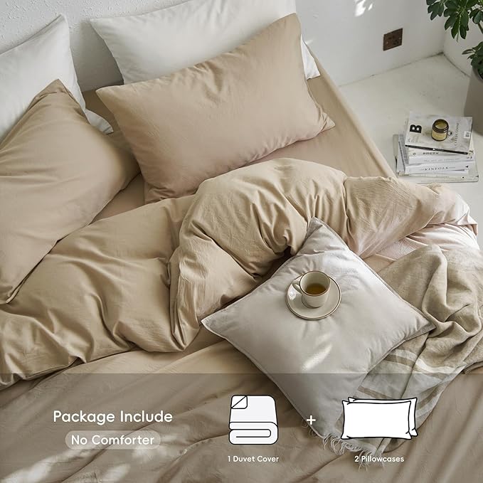 MooMee King Duvet Cover Set, 100% Washed Cotton Linen Like Twill Thick Sturdy Material Super Soft Breathable Durable Bedding for All Season, 3 Pieces (Camel, King 104"x90")