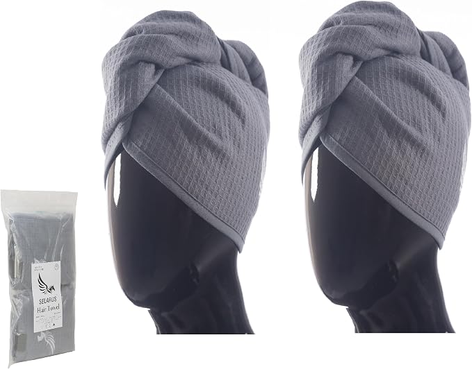 100% Turkish Cotton Hair Towel Wrap for Women,Non Microfiber,Super Absorbent,AntiFrizz,Plopping Hair Drying Waffle Bath Towels for Curly,Long&Thick Hairs,Head Wrap,2 Pack10x26inc (Grey+Grey)