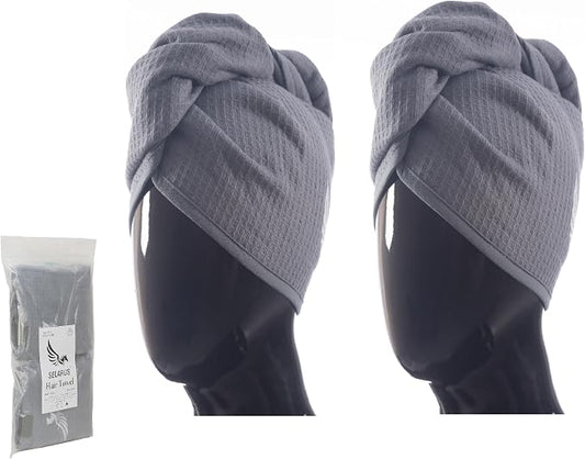 100% Turkish Cotton Hair Towel Wrap for Women,Non Microfiber,Super Absorbent,AntiFrizz,Plopping Hair Drying Waffle Bath Towels for Curly,Long&Thick Hairs,Head Wrap,2 Pack10x26inc (Grey+Grey)