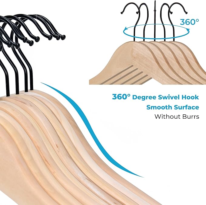 JS HANGER Wooden Coat Hangers, 16 Pack High Grade Wood Suit Hangers with Non Slip Pant Bar - Extra Smooth and Splinter Free, Unvarnished