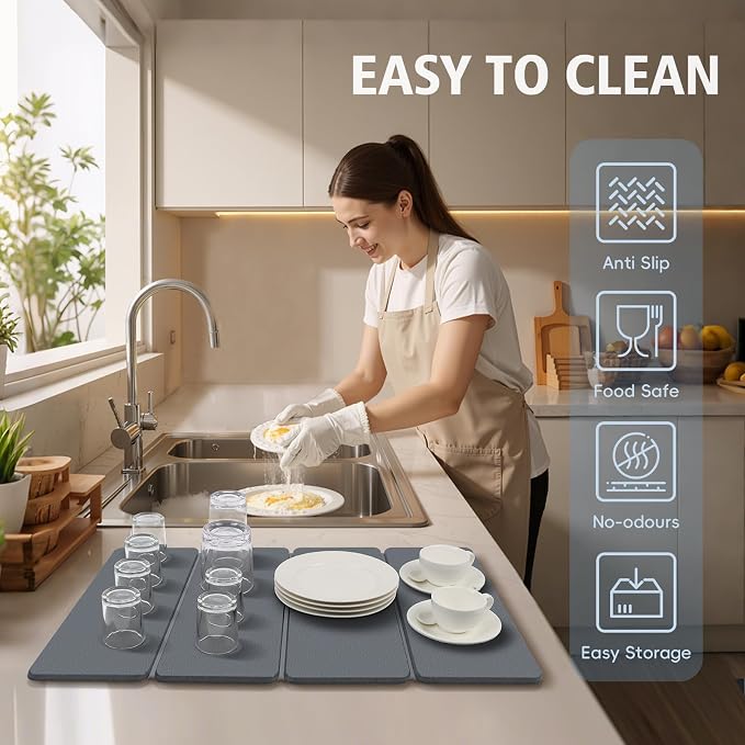 Large Stone Drying Mats for Kitchen Counter, Quick Dry Stone Dish Drying Mat 24"(L)×16"(W), Foldable Absorbent Diatomaceous Pad for Dish Rack, Plates, Cups, Pans