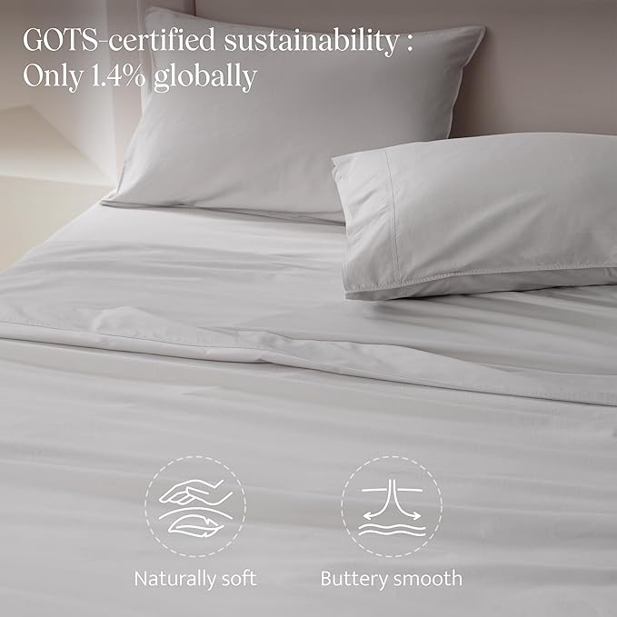 Double Stitch 100% Organic Cotton Sheets, King Size Sheets Set, GOTS Certified Long Staple Cotton Bedsheets, Luxury & Soft Hotel Bed Sheets with 16 inches Deep Pocket, Made in India Light Grey