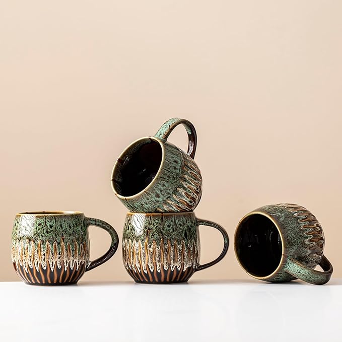 20oz Large Coffee Mug - Unique Handcrafted Look Ceramic Cup, Large Tea Mug, Microwave & Dishwasher Safe (green,Set of 4)