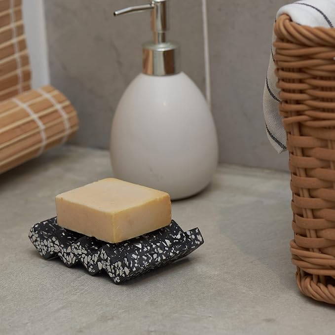 Tapeera Zig Zag Terrazzo Stone Soap Dish for Bathroom Sink - Concrete Soap Saver for Bar Soap Holder for Shower - Sponge Holder - Self Draining Soap Dish Holder - Kitchen Soap Tray (Black)