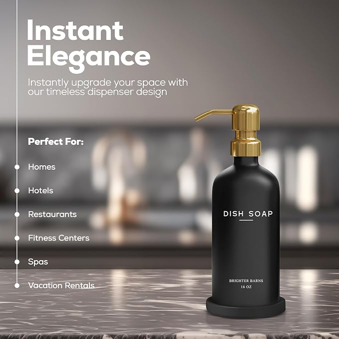 Luxury Glass Dish Soap Dispenser for Kitchen Sink by Brighter Barns - Refillable Glass Kitchen Soap Dispenser Set - Black and Gold Home Decor for Modern Airbnb, Rentals, Restaurants, Gift (Black/Gold)