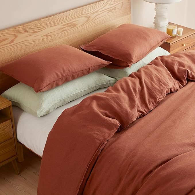 DAPU 100% Linen Duvet Cover Set - Pure Natural French Flax Linen with Corner Ties and Zipper Closure Soft Breathable Durable for Hot Sleepers 1 Duvet Cover 2 Pillowcases (Rust Red, Queen/Full)
