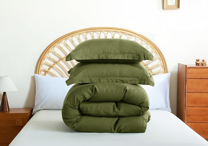 100% French Flax Linen Duvet Cover Set, King Size 104''x92'' 3 Pcs with 4 Corner Ties and Button Closure, Soft and Breathable for All Season(Olive Green, King)