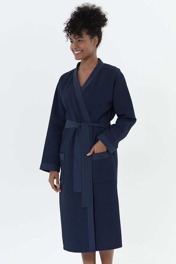 SEYANTE Women's Organic Cotton Waffle Kimono, Hooded Robe – GOTS Certified Lightweight Full-Length Spa Bathrobe with Piping