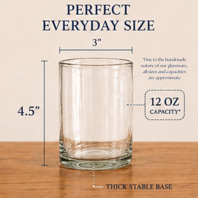 Aztecas Design Handblown Recycled Glass Drinking Glasses, Clear, Set of 4, Classic Style (12oz)