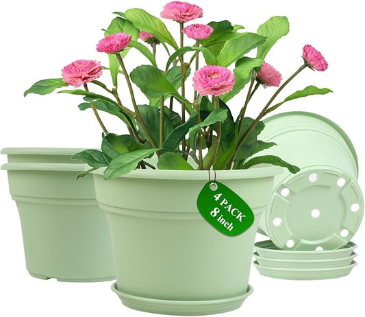 Pottiffe 8 Inch Plastic-Flower Pot-for-Indoor Plants, 4 Pack Large Outdoor Planter Pot with Drainage Holes & Saucers, Resin Decorative Garden Pots Planters