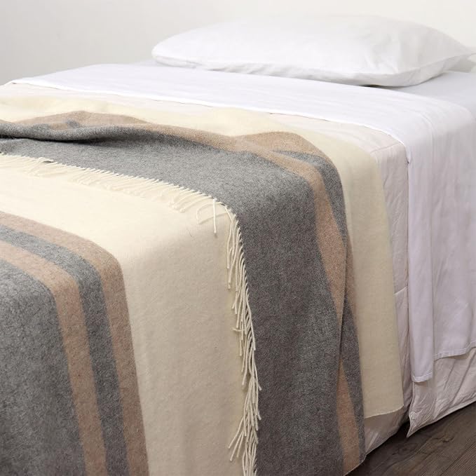 Superfine Alpaca Wool Throw Blanket - Lightweight Alpaca Merino Wool Throw Blankets | Soft Peruvian Alpaca Blanket Wool Blanket Striped Design 63" x 52" (Ivory/Soft Gray/Beige)