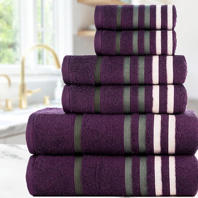 CASA COPENHAGEN Exotic 6Pcs 100% Egyptian Cotton Designer Towels Gift Set- Dark Purple, 550GSM,2Bath2Hand2Washcloths,Bath Towels for Bathroom (Box Pack,Gift Ribbon Set for Women & Men)