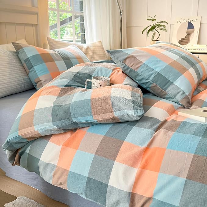 FACE TWO FACE Bedding Duvet Cover Set100% Washed Cotton Duvet Cover Linen Like Textured Breathable Durable Soft Comfy (Full, Yunxi Powder)