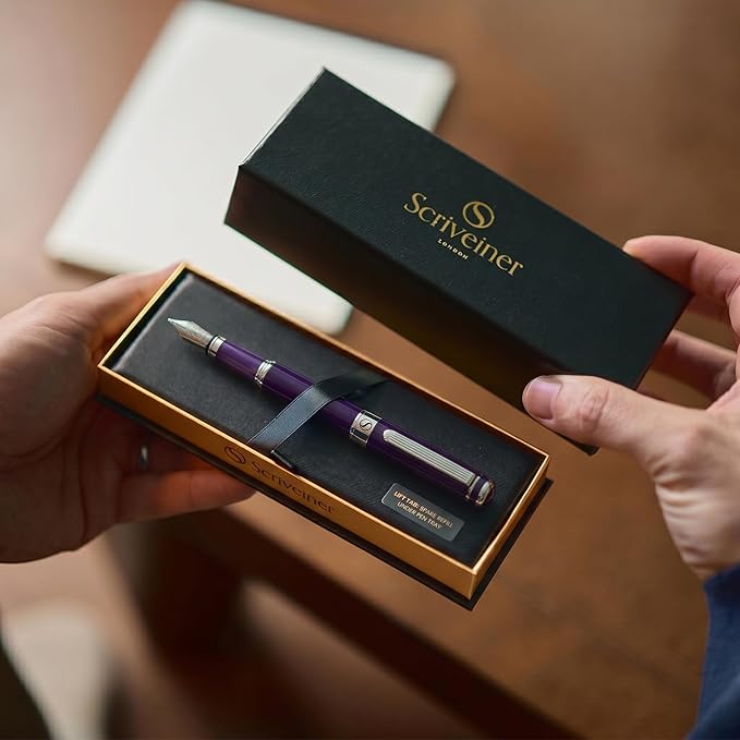 Scriveiner Luxury Fountain Pen - Aubergine, Schmidt Gilded Nib (Fine), Converter, Best Pen Gift Set for Men & Women, Professional, Executive, Office, Nice Pens