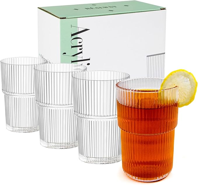 17oz Ribbed Acrylic Drinking Glasses, Unbreakable Plastic Tumblers – Dishwasher Safe, Clear Stackable Cups for Kitchen, Reusable Drinkware – Set of 4