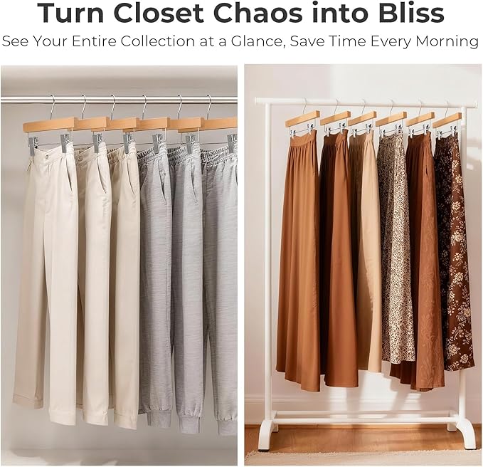 HOUSE DAY Premium Wooden Pants Hangers 25 Pack, Solid Lotus Wood Skirt Hangers with 2-Adjustable Clips, Heavy Duty & Anti Slip Wood Bottom Hanger for Slacks, Jeans, Trousers, Shorts (Natural)