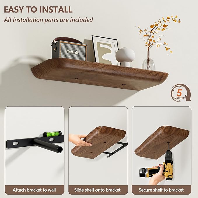 Solid Walnut Floating Shelves for Wall 16.5 Inch Set of 2, Round Edge Wall Mounted Shelf,Rustic Farmhouse Wooden Floating Shelf,Wood Wall Shelf for Bathroom Living Room,Bedroom,Kitchen