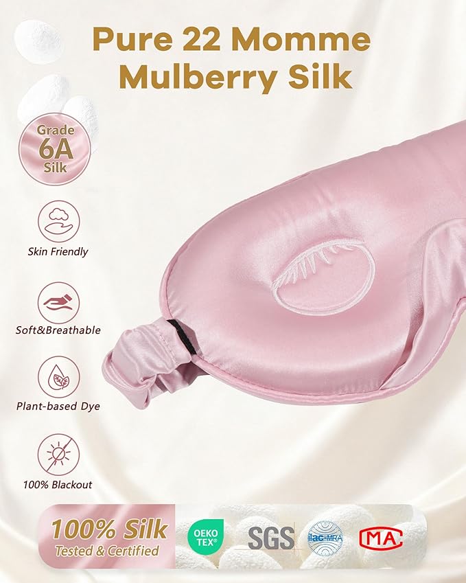 BeeVines Pure Silk 3D Contoured Sleep Mask for Women, Luxury 100% 22 Momme Mulberry Silk 3D Contoured Eye Mask for Lash Extensions, Zero Eye Pressure & Blackout(Pink)