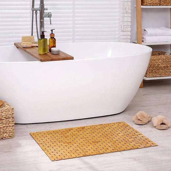 EVIDECO French Home Goods Rectangular Natural Bamboo Bathroom Mat - Non Slip Bath Mat - Perfect for Shower, Spa, Sauna and Bathroom Decor - Foldable Duckboard, 16 x 40 inches, Light Brown