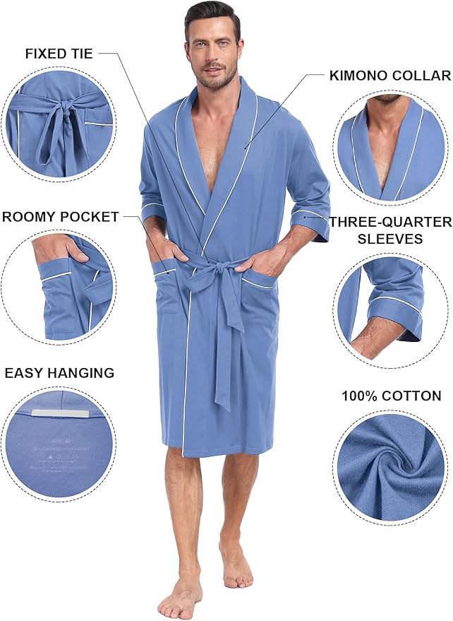COLORFULLEAF 100% Cotton Men’s Summer Bathrobe Lightweight & Breathable Short Sleeve Kimono Robe with Pockets