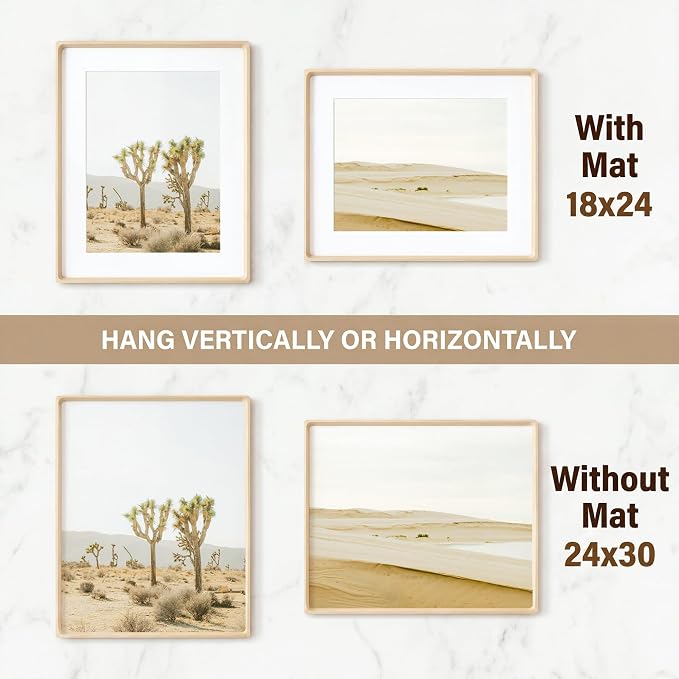 24x30 Poster Frame, USA-Sourced Maple Wood Picture Frame with HD Tempered Glass, Handcrafted Rounded Corner 24 x 30 Wooden Frames Matted to 18x24 Photos, Horizontal or Vertical Wall Display