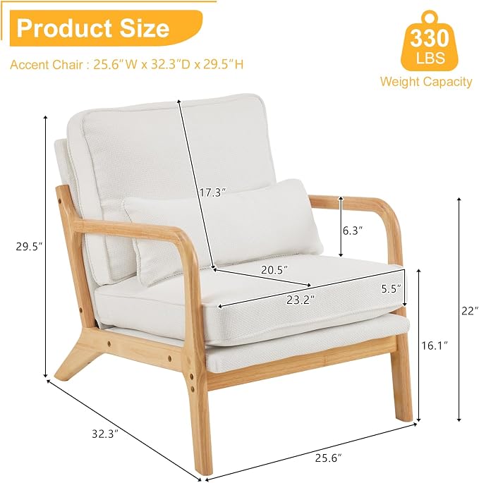 Karl home Mid-Century Modern Accent Reading Chair, White | Linen Upholstered, Solid Wood Frame, Soft Cushion, Lumbar Pillow, Lounge Armchair for Living Room, Bedroom, Balcony, Study