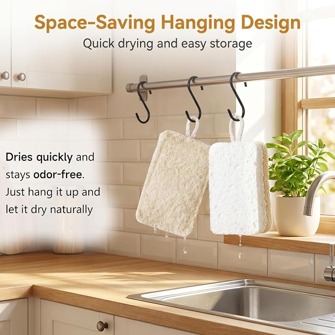 Natural Loofah & Cellulose Dual Sided Sponge 5 Pack | Compostable, Plastic-Free, Biodegradable Kitchen Scrubber | Non-Scratch for Dishes, Pots, Pans & Cast Iron