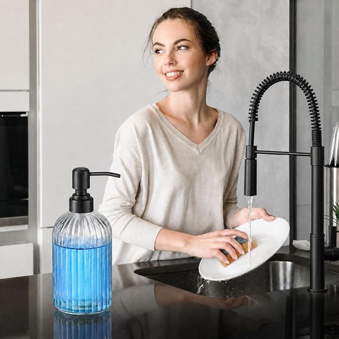2 Pack Clear Glass Hand Soap Dispenser Set 18oz Bottle with Matte Black 304 Rustproof Stainless Steel Pump for Kitchen and Bathroom