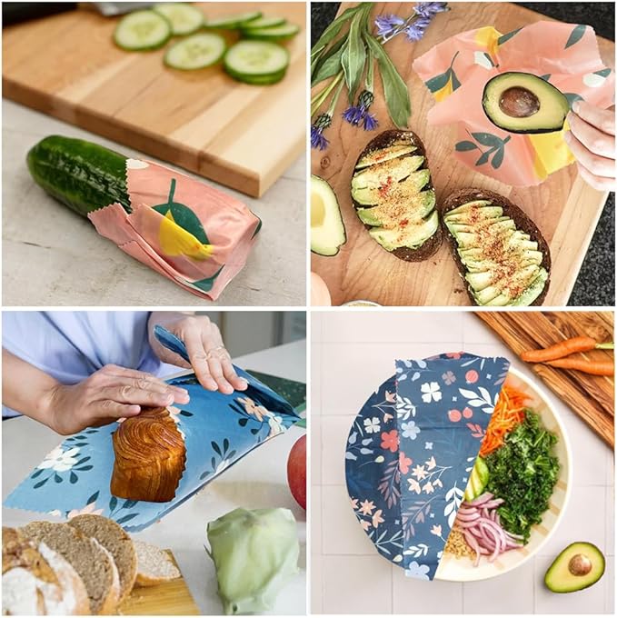 9 Pack Beeswax Wraps for Food, Reusable Organic Cotton Food Storage Covers for Bread, Cheese, Fruit, and Vegetables, Plastic Free Kitchen Supplies, 3 Sizes