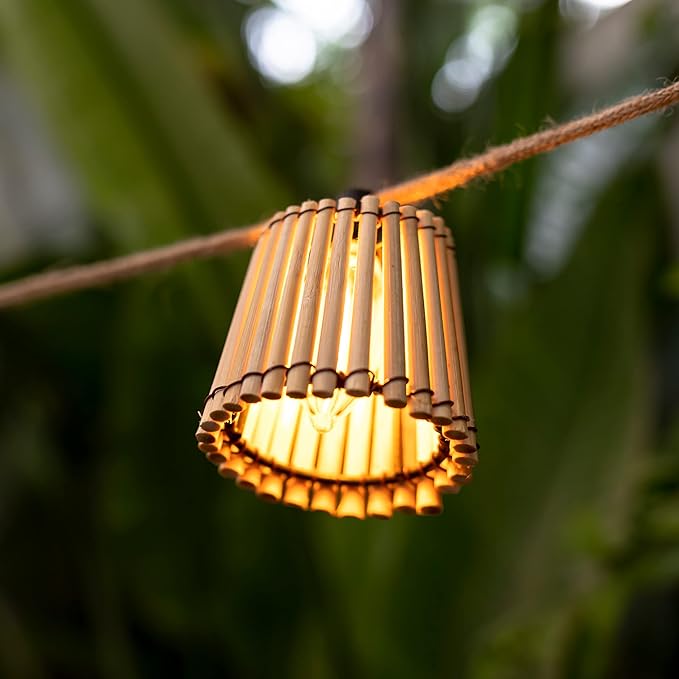newgarden - Okinawa Solar & Rechargeable Battery Jute Color | Indoor & Outdoor use | Warm Light 35 Lumen/Bulb. Cable Length: 16ft.