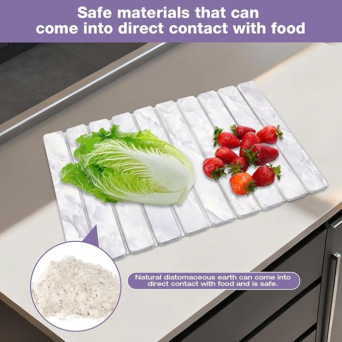 Elegant Grey Marble Drying Mat, Collapsible & Extra Large Absorbent Diatomite Stone Tray for Kitchen Counter, Quick Dry Dish Drying Pad for Dishes, Cups, Pots & Utensils 24”x16”