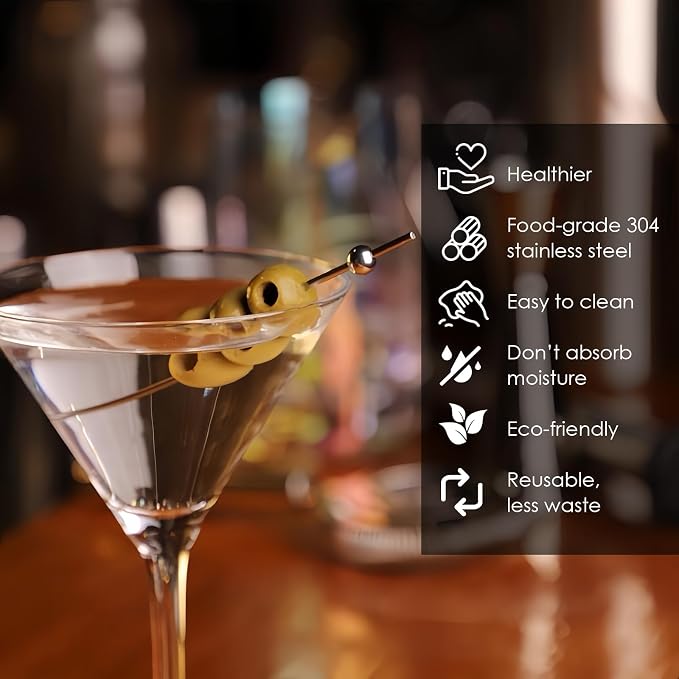 12PCS Metal Cocktail Picks for Drinks, Stainless Steel Martini Picks 4.6 inch, Reusable Cocktail Skewers Pearl Silver
