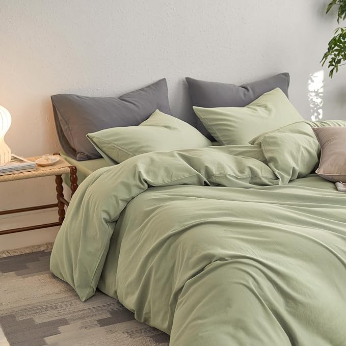 MooMee King Duvet Cover Set, 100% Washed Cotton Linen Like Twill Thick Sturdy Material Super Soft Breathable Durable Bedding for All Season, 3 Pieces (Mist Sage, King 104"x90")