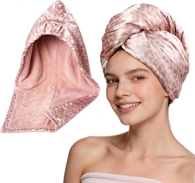 YANIBEST Satin Microfiber Hair Towel Wrap for Women, Fast Drying, Ultra Absorbent, Head Turban with Elastic for All Hair Types, Pinkleopard
