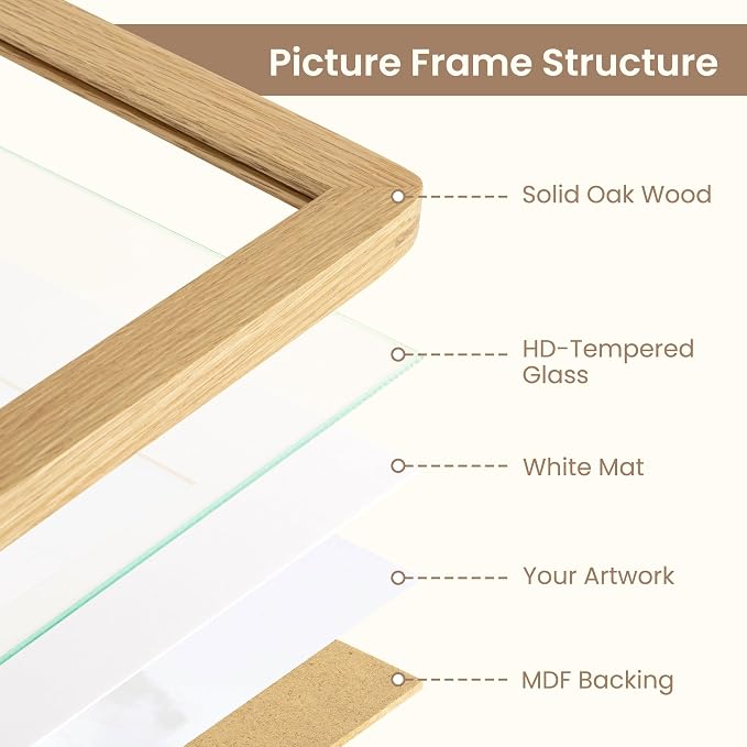 Fun Memories 12x18 Picture Frame - Solid Oak Wood Poster Frame, 12x18 Photo Frame with Mat for 8.5x11, 12 By 18 Wooden Picture Frame, Horizontal or Vertical Wall Display, Natural Oak