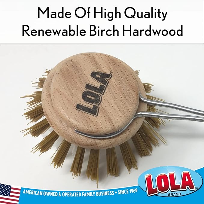 LOLA Replacement Head for The Original Dishwashing & Vegetable Brush, Birch Hardwood & Nylon Poly Bristles, Reusable & Washable - 1 Count