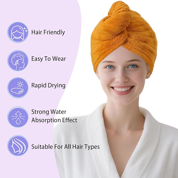 Microfiber Hair Drying Towel Wrap for Women, Hair Turbans Towel for Wet Hair,turbie Twist Hair Towels(The Color of the Picture is for Reference only) (Apricot Yellow-Double Layer)