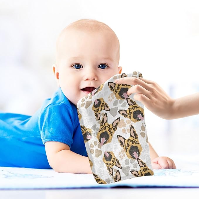 Baby German Shepherd Dog Msulin Washcloths Newborn Face Towel - Baby Muslin Burp Cloths 5 Pack Soft Absorbent Natural Cotton Wash Towel 11.8"X11.8" Baby Bath Towels Wipes
