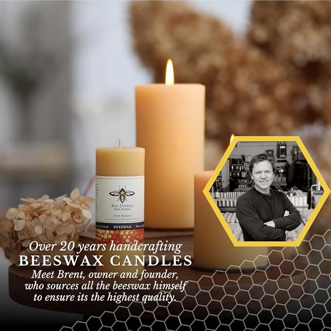 Big Dipper Wax Works 100% Pure Beeswax Pillar Candle, Extra Large 3" x 9", 110 Hour Burn, Handcrafted Honey Aroma, Clean Soot-Free, Eco-Friendly Cotton Wick for Home Décor, Weddings & Meditation