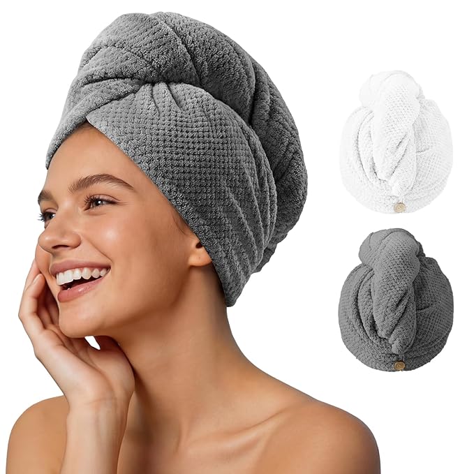 Umisleep 2 Pack Microfiber Hair Towel Wrap for Women, 400 GSM Thick & Soft Hair Drying Towels, Super Absorbent Hair Turban with Button Loop for Curly, Wavy & Wet Hair (Grey, White)