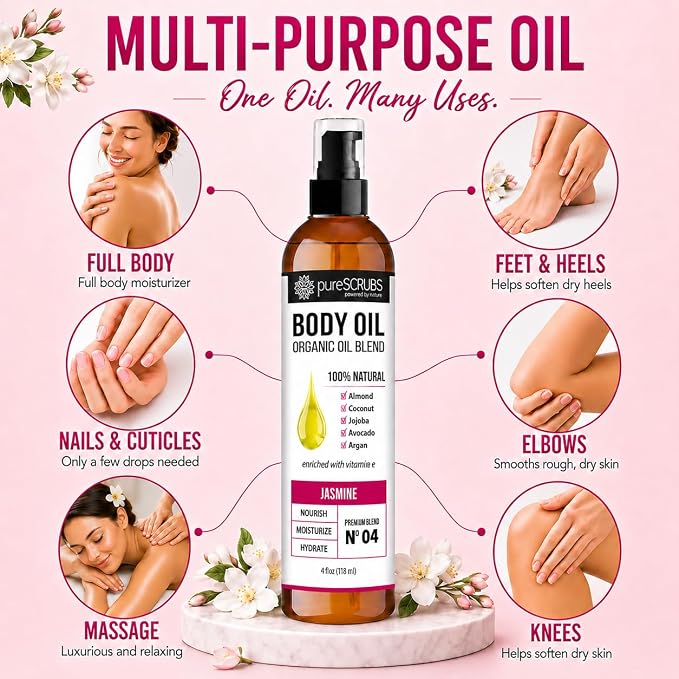 pureSCRUBS Ultra Moisturizing Jasmine Body Oil for Dry Skin, 4 oz | Luxurious After Shower Body Oil for Soft, Silky, Glowing Skin, Non-Greasy, Fast Absorbing & Hydrating Formula with Vitamin E