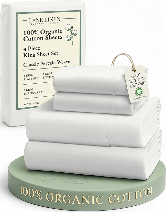 LANE LINEN 100% Organic Cotton King Bed Set, 4-Piece Cotton Bed Sheets, Crisp Percale Weave, Ultra Soft Bedding Sets & Collections, 15" King Size Sheets Deep Pocket Set - Glacier Grey