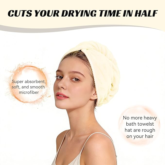 Microfiber Hair Towel Wrap for Women, Soft Lightweight Quick Dry Turban, Drying Hair Towels for Women, Hair Drying Towel for Curly & Long Hair - Yellowish-white (Note: This model is ultra-slim.)